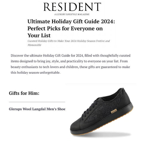 Picture of an article featuring a black glerups Langdal shoe with a rubber sole, shown as part of a gift guide.